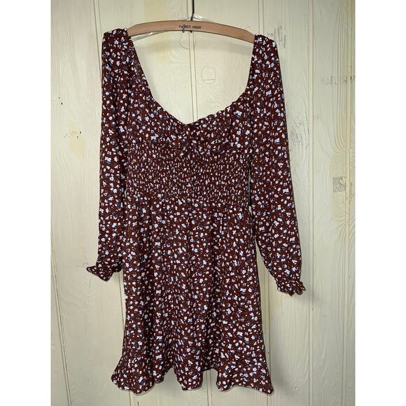 Boho Babydoll Size Large Mini DRESS Smocked Brown Blue Floral Square Neck NEW - Picture 5 of 11